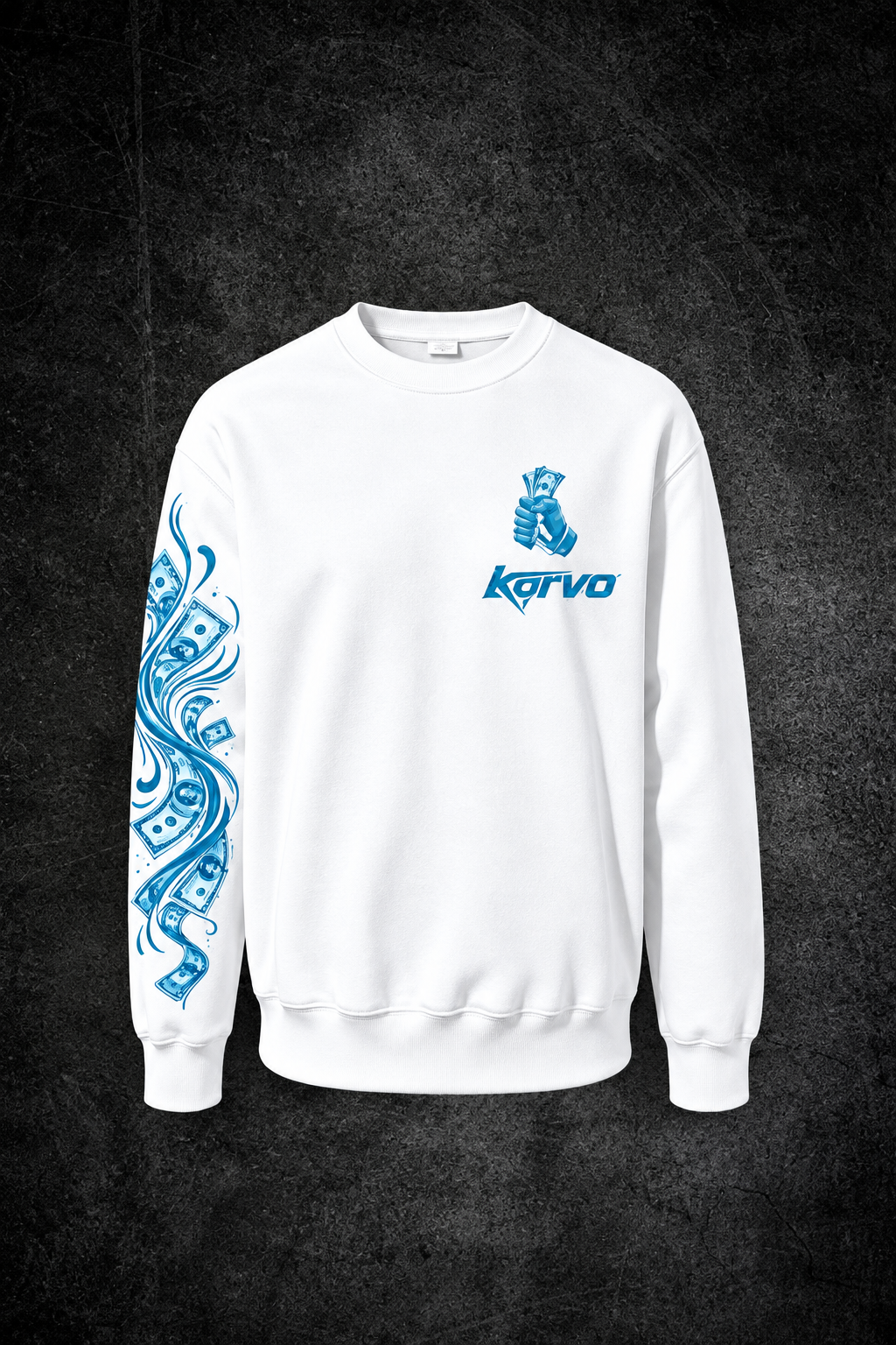 white and blue graphic jumper